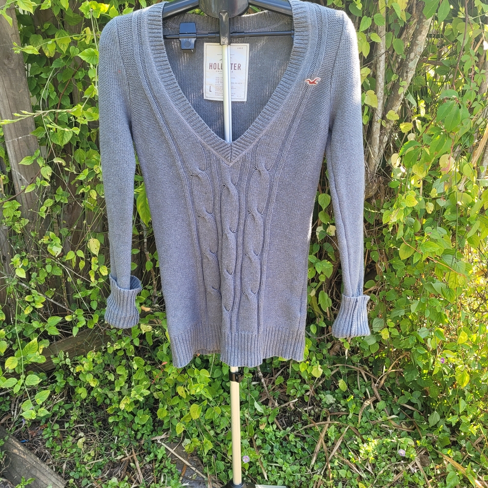 Hollister Women's Grey Cable Knit Sweater Sz L Rabbit Hair Blend Y2k Preppy Cozy